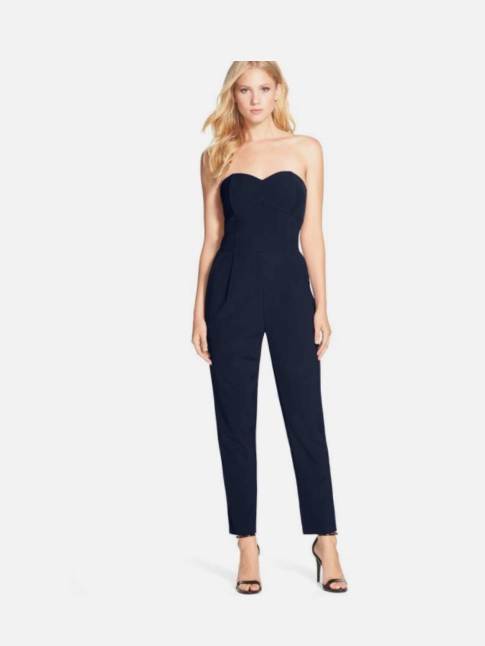 Adelyn Rae Strapless Navy Tailored Jumpsuit with Sweetheart Neckline